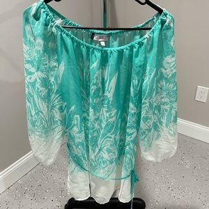 JLO Teal Floral & White Tie Waist Chiffon Blouse